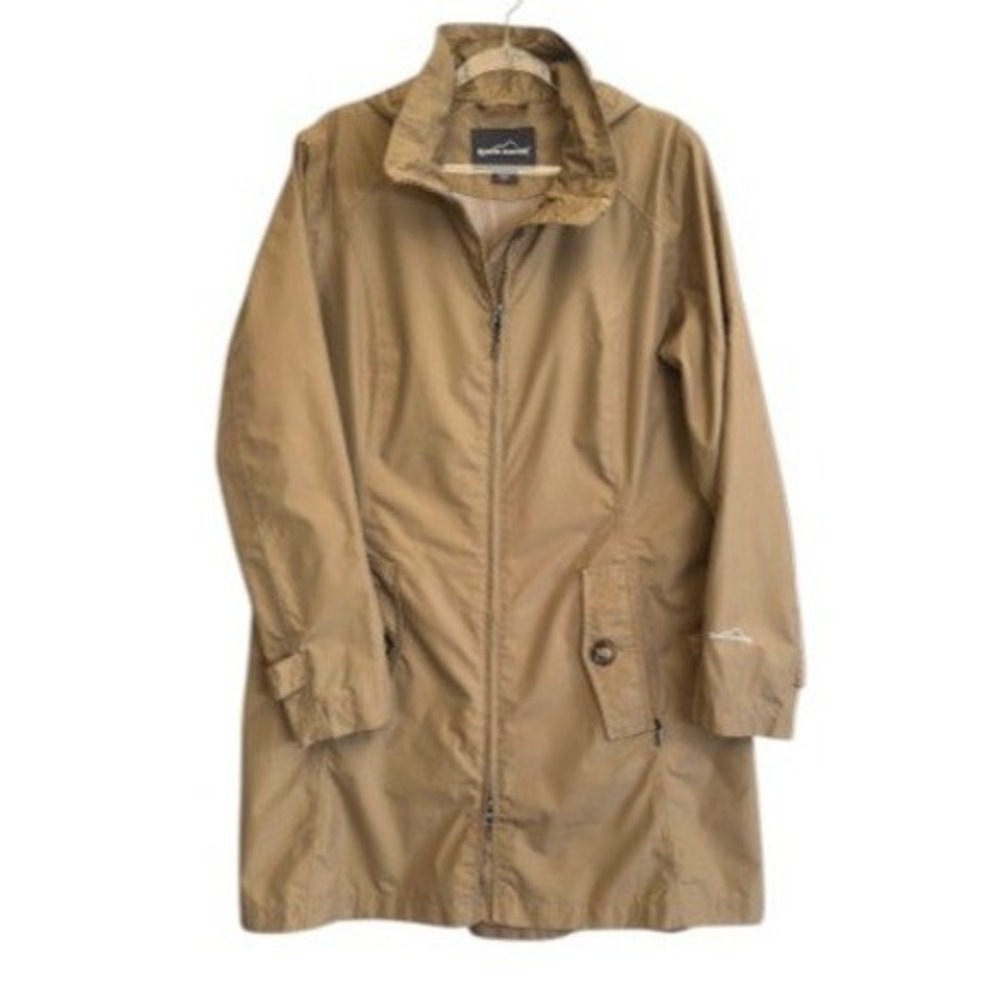 Eddie Bauer Trench Coat Womens Medium Tan Khaki Rain Jacket Full Zip Long Sleeve